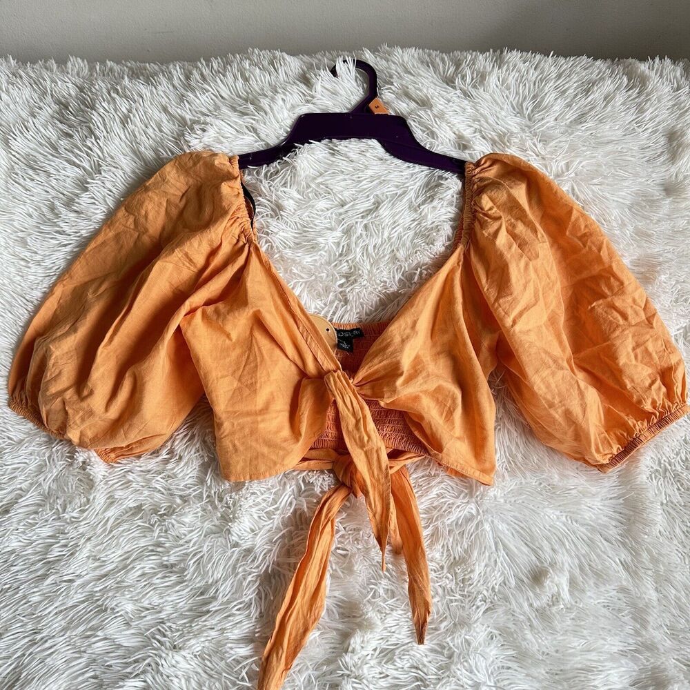 Thread Story Puffy Tie Crop Top Blouse Orange Size L